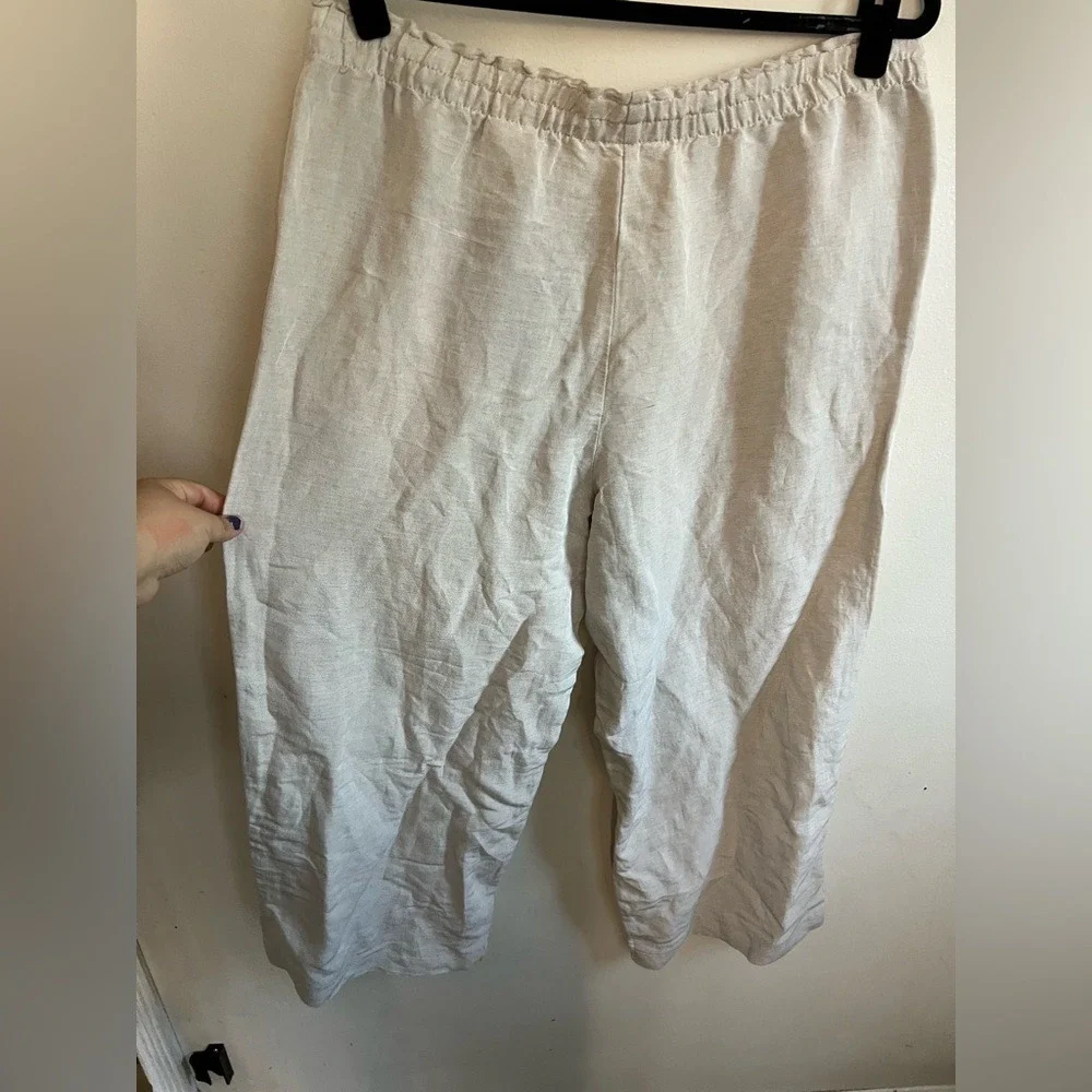 H&M Linen Blend Pants Women Large Beige Excellent Wide Leg Cropped Elastic Waist
